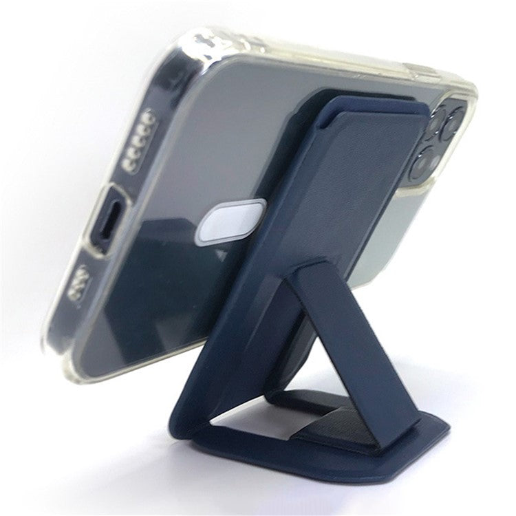 MRC043 For iPhone 15-12 Series RFID Blocking Magnetic Card Holder PU Leather Stand Phone Holder - Blue