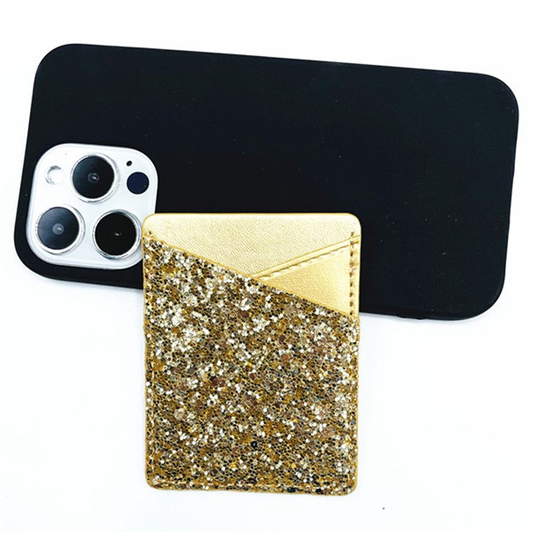 MRC011 Sparkle Glitter Dual Cards Holder PU Leather Phone Back Adhesive Card Case Wallet - Gold