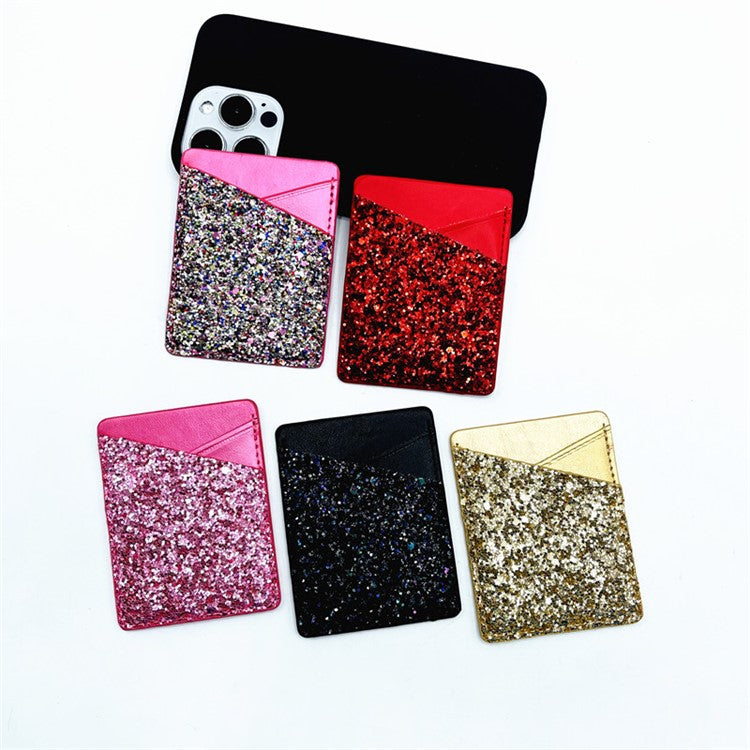 MRC011 Sparkle Glitter Dual Cards Holder PU Leather Phone Back Adhesive Card Case Wallet - Gold