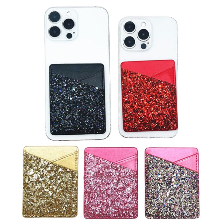 MRC011 Sparkle Glitter Dual Cards Holder PU Leather Phone Back Adhesive Card Case Wallet - Gold