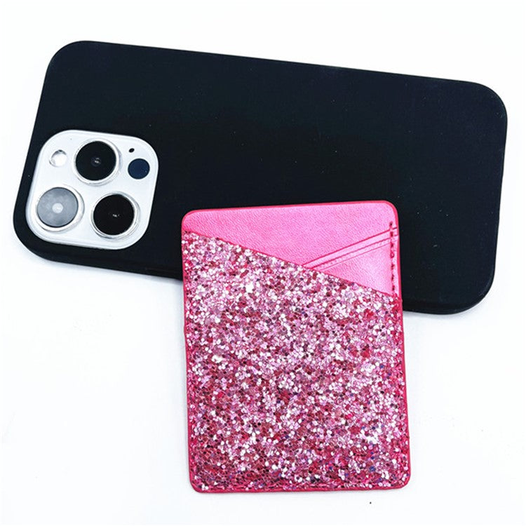 MRC011 Sparkle Glitter Dual Cards Holder PU Leather Phone Back Adhesive Card Case Wallet - Rose