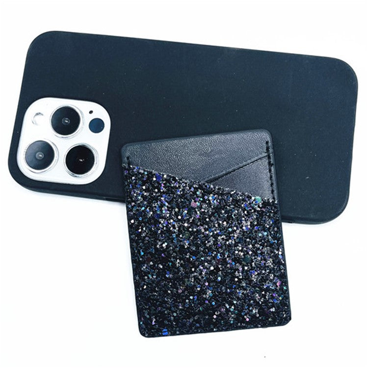 MRC011 Sparkle Glitter Dual Cards Holder PU Leather Phone Back Adhesive Card Case Wallet - Black