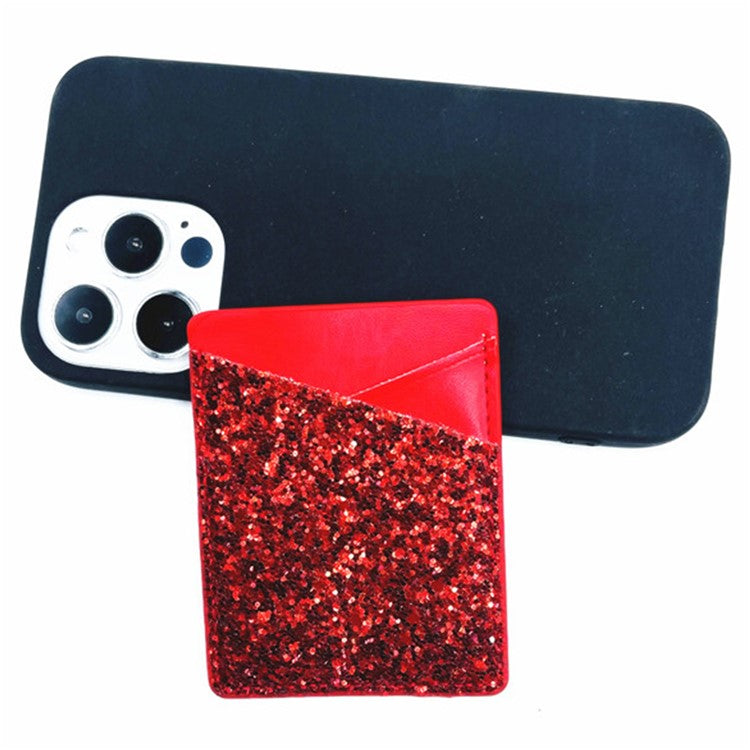 MRC011 Sparkle Glitter Dual Cards Holder PU Leather Phone Back Adhesive Card Case Wallet - Red