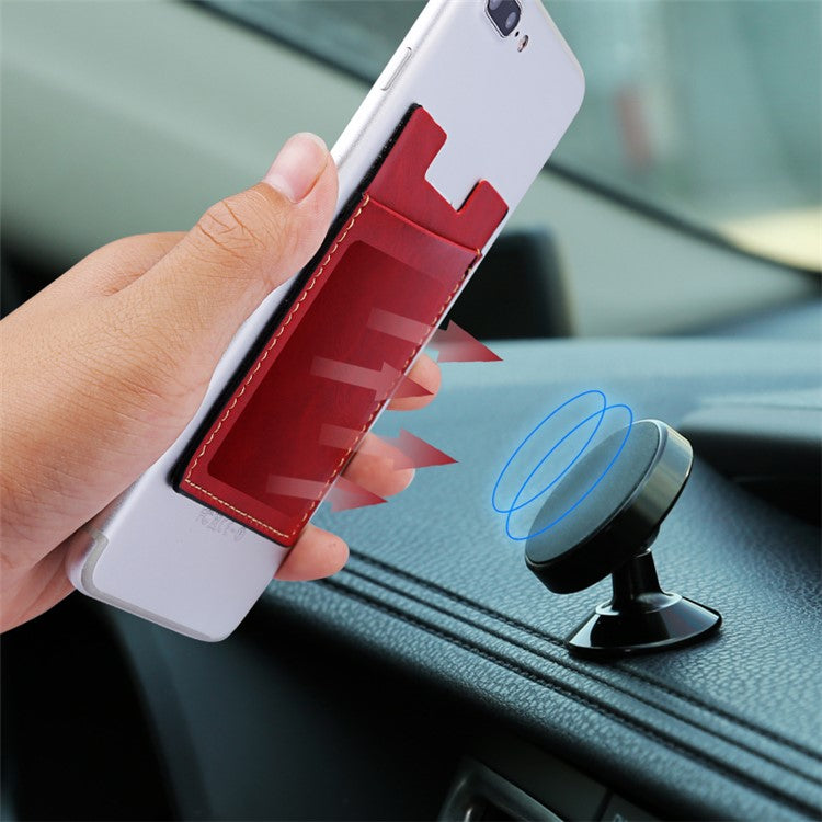 MRC02 PU Leather Sticky Single Card Holder Magnetic Car Mount Phone Card Case - Red