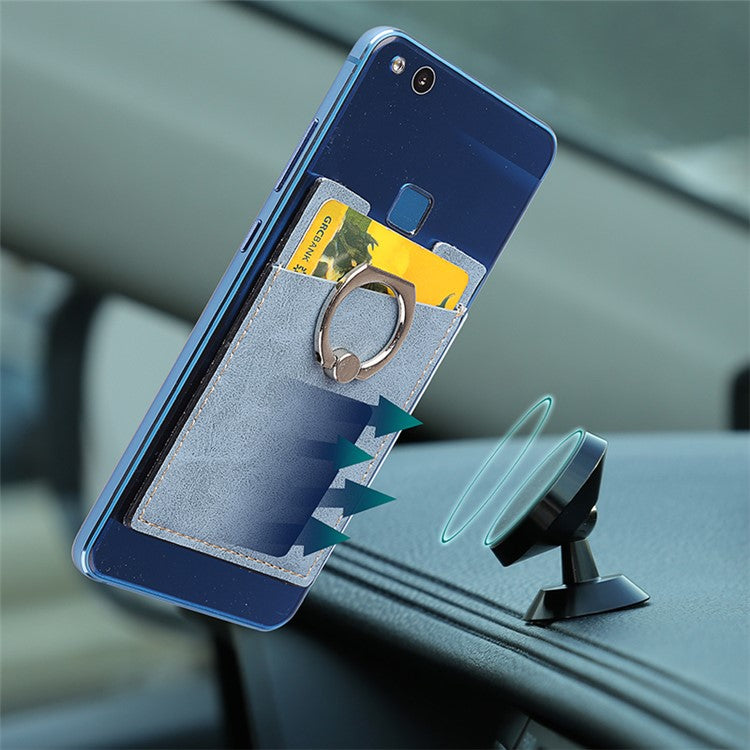 MRC01 PU Leather Phone Card Holder Ring Kickstand Card Case Support Magnetic Car Mount - Blue