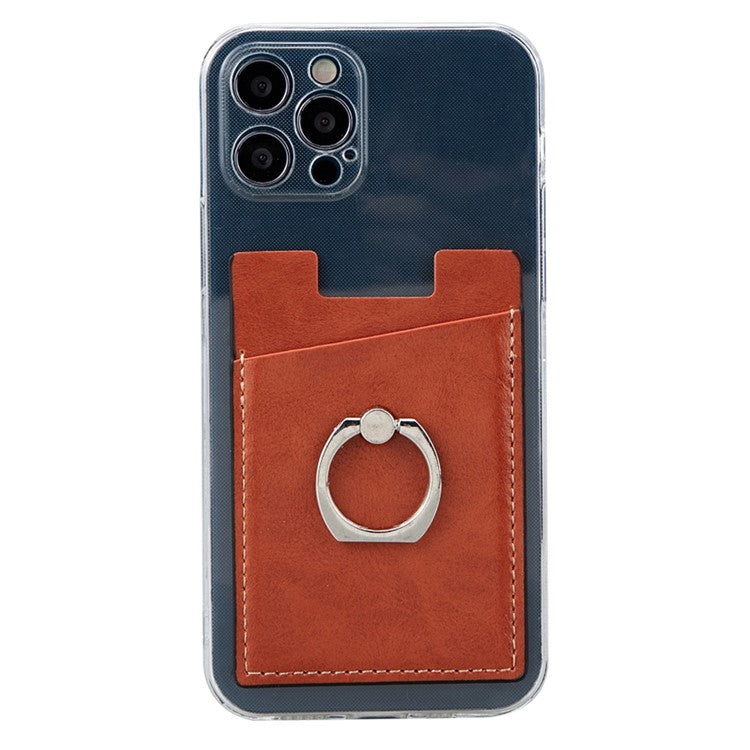 MRC01 PU Leather Phone Card Holder Ring Kickstand Card Case Support Magnetic Car Mount - Light Brown