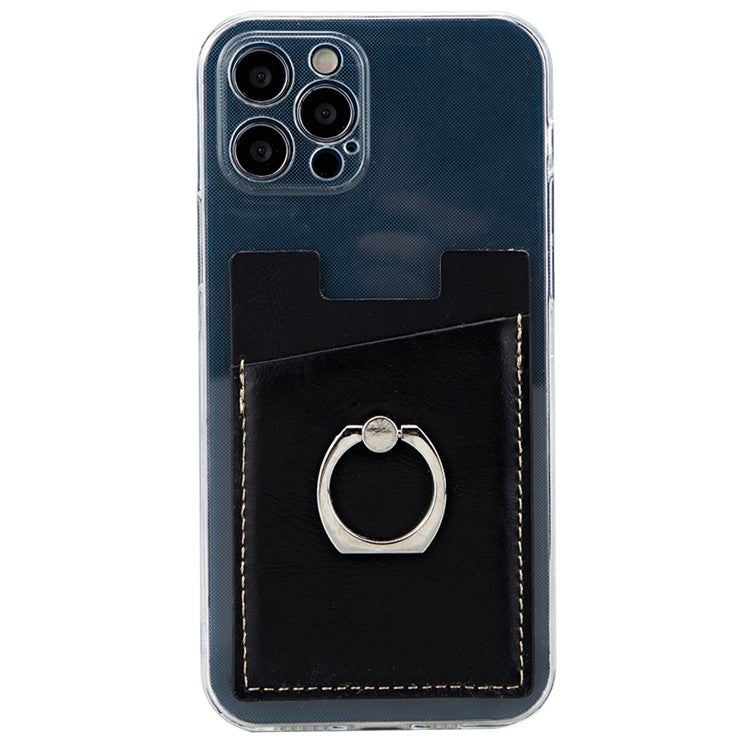 MRC01 PU Leather Phone Card Holder Ring Kickstand Card Case Support Magnetic Car Mount - Black