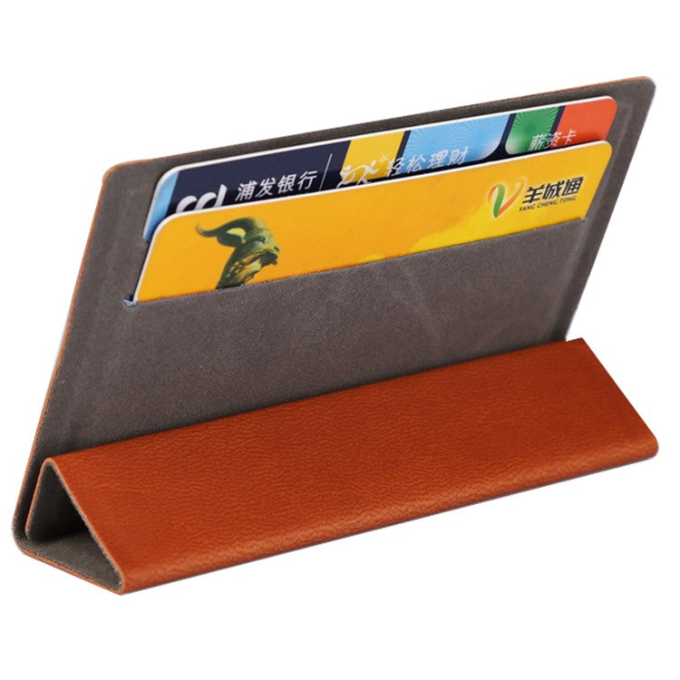 MRC031 Tri-fold Kickstand Phone Card Holder Stick-On PU Leather Credit Cards Case - Brown