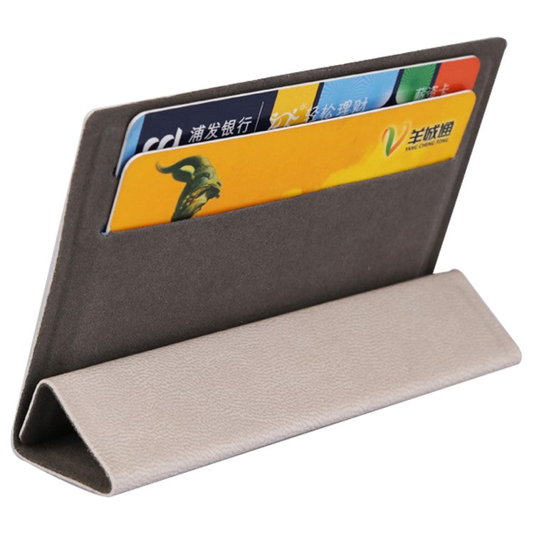 MRC031 Tri-fold Kickstand Phone Card Holder Stick-On PU Leather Credit Cards Case - Grey White