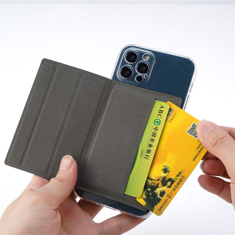 MRC031 Tri-fold Kickstand Phone Card Holder Stick-On PU Leather Credit Cards Case - Grey White