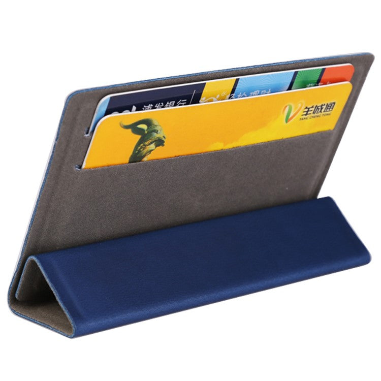 MRC031 Tri-fold Kickstand Phone Card Holder Stick-On PU Leather Credit Cards Case - Dark Blue