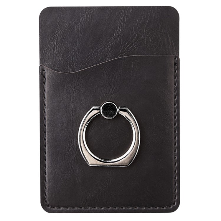 MRC020 Phone Card Holder Crazy Horse Texture Leather Card Case with Ring Holder Kickstand - Black