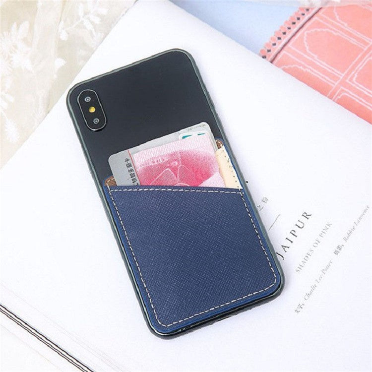 MRC011 Mobile Phone Card Case Cross-textured Phone Pocket Adhesive Dual Card Holder - Blue