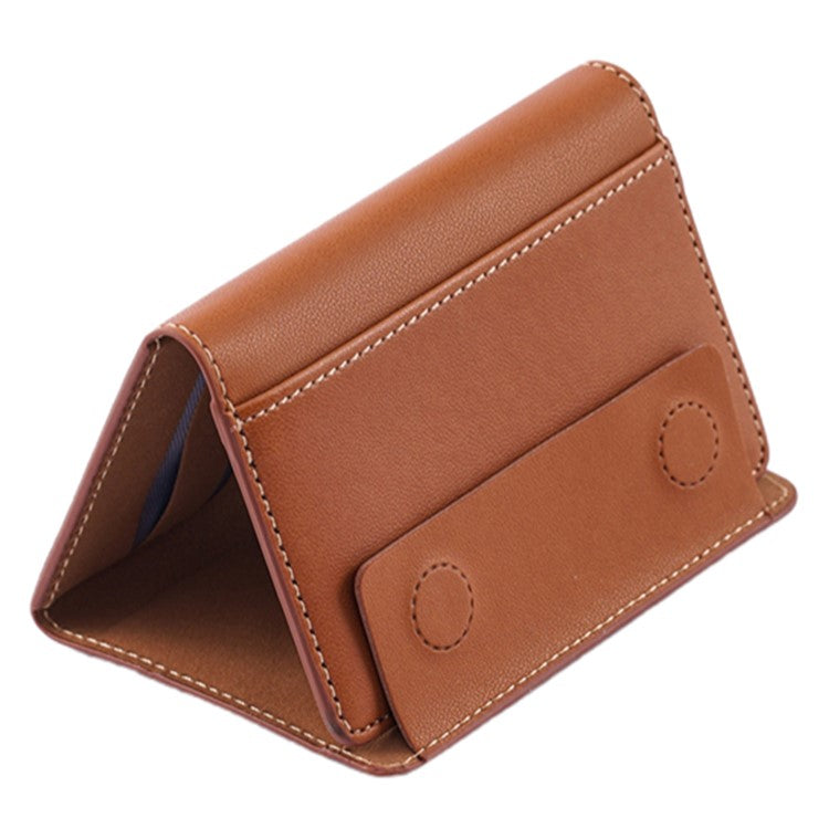 MRC053 Phone Card Holder Four-fold Wallet Magnetic Card Sleeve Pocket Leather Cell Phone Pouch - Brown