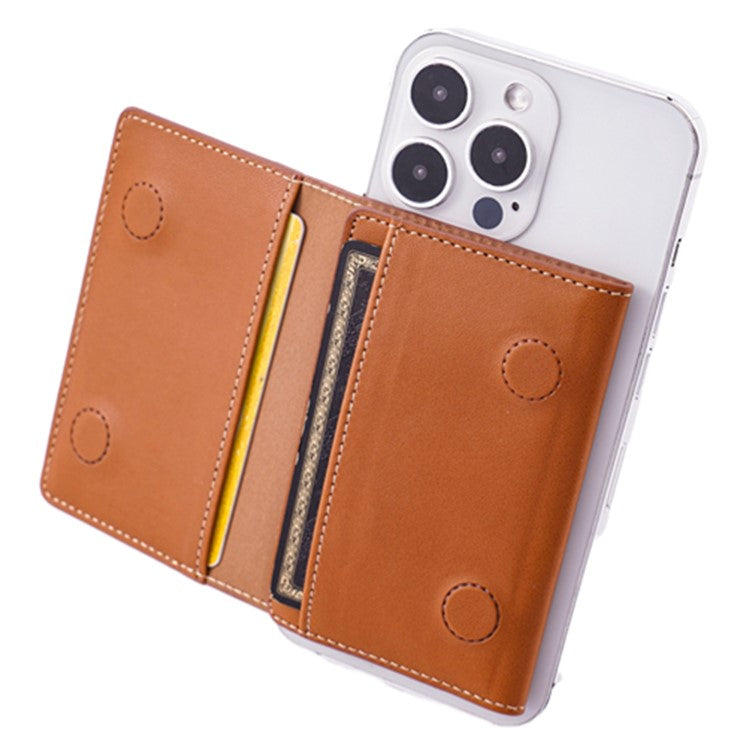 MRC053 Phone Card Holder Four-fold Wallet Magnetic Card Sleeve Pocket Leather Cell Phone Pouch - Brown