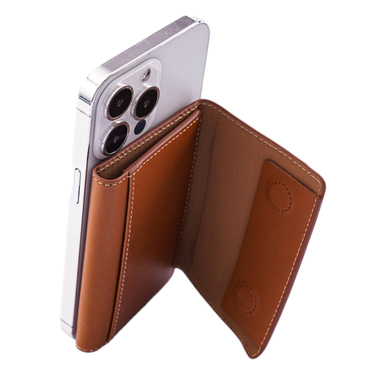 MRC053 Phone Card Holder Four-fold Wallet Magnetic Card Sleeve Pocket Leather Cell Phone Pouch - Brown