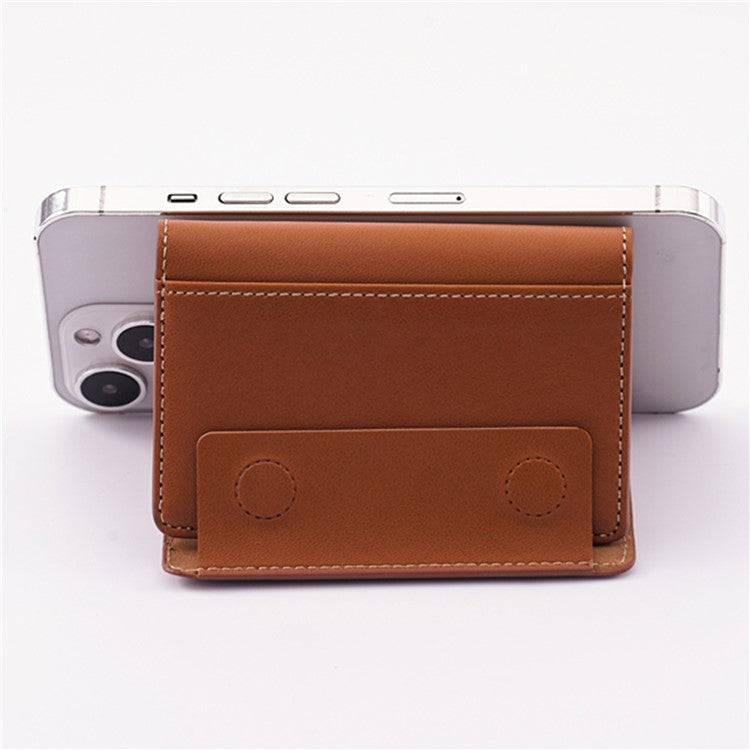 MRC053 Phone Card Holder Four-fold Wallet Magnetic Card Sleeve Pocket Leather Cell Phone Pouch - Brown