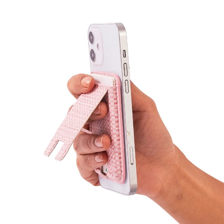 MRC048 Textured Folding Magnetic Kickstand for Smartphone Back Holder with Card Slot - Pink