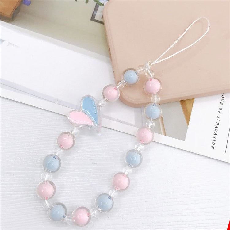 Heart Decor Round Beads Phone Anti-drop Lanyard Hand Chain Cellphone Case Pendant Bracelet - Pink / Blue