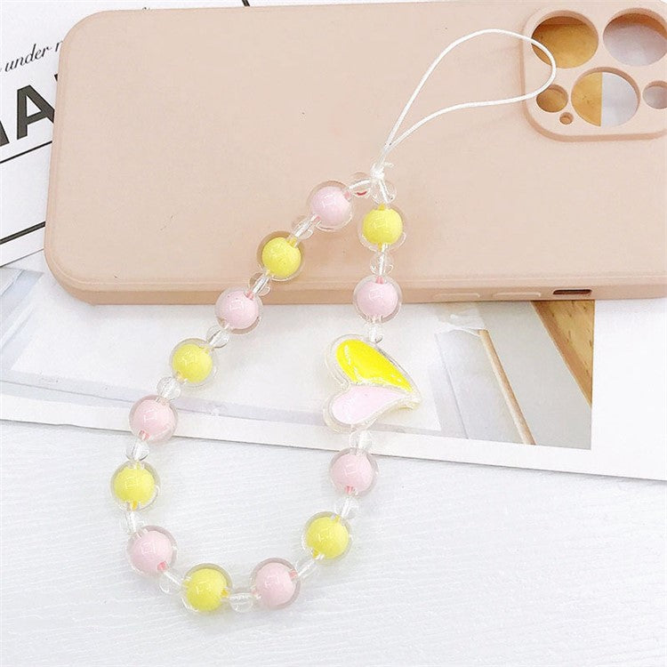 Heart Decor Round Beads Phone Anti-drop Lanyard Hand Chain Cellphone Case Pendant Bracelet - Pink / Yellow