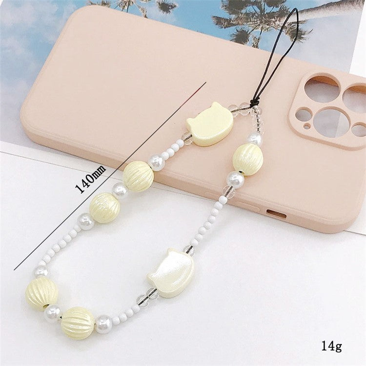 Pearlescent Cat Head Pumpkin Beads Design Phone Anti-drop Hand Chain Cellphone Case Lanyard Pendant - Beige