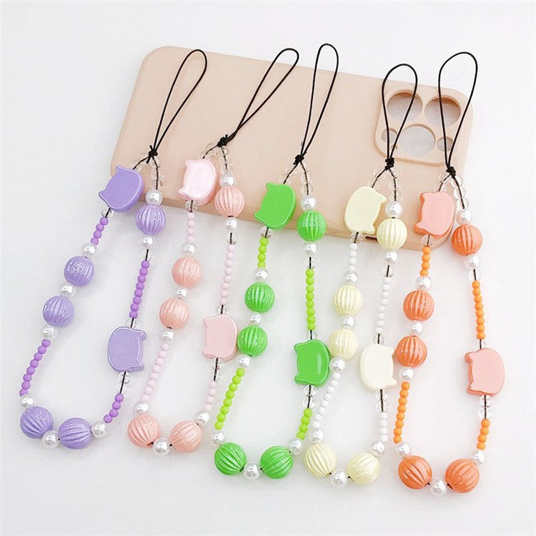 Pearlescent Cat Head Pumpkin Beads Design Phone Anti-drop Hand Chain Cellphone Case Lanyard Pendant - Beige