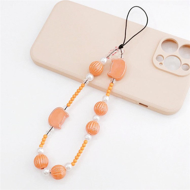 Pearlescent Cat Head Pumpkin Beads Design Phone Anti-drop Hand Chain Cellphone Case Lanyard Pendant - Orange