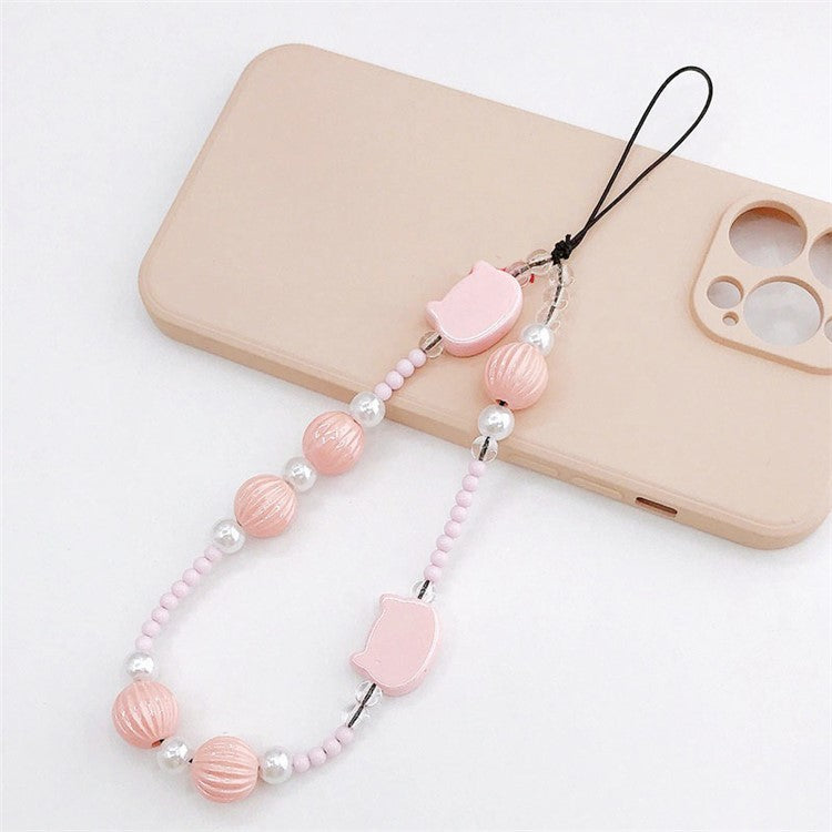 Pearlescent Cat Head Pumpkin Beads Design Phone Anti-drop Hand Chain Cellphone Case Lanyard Pendant - Pink