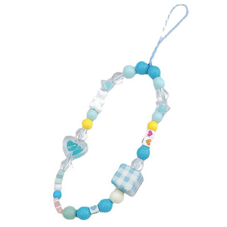 Cute Cartoon Design Beaded Phone Lanyard Bracelet Anti-drop Cellphone Case Pendant - Blue Plaid