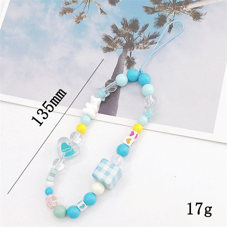 Cute Cartoon Design Beaded Phone Lanyard Bracelet Anti-drop Cellphone Case Pendant - Blue Plaid