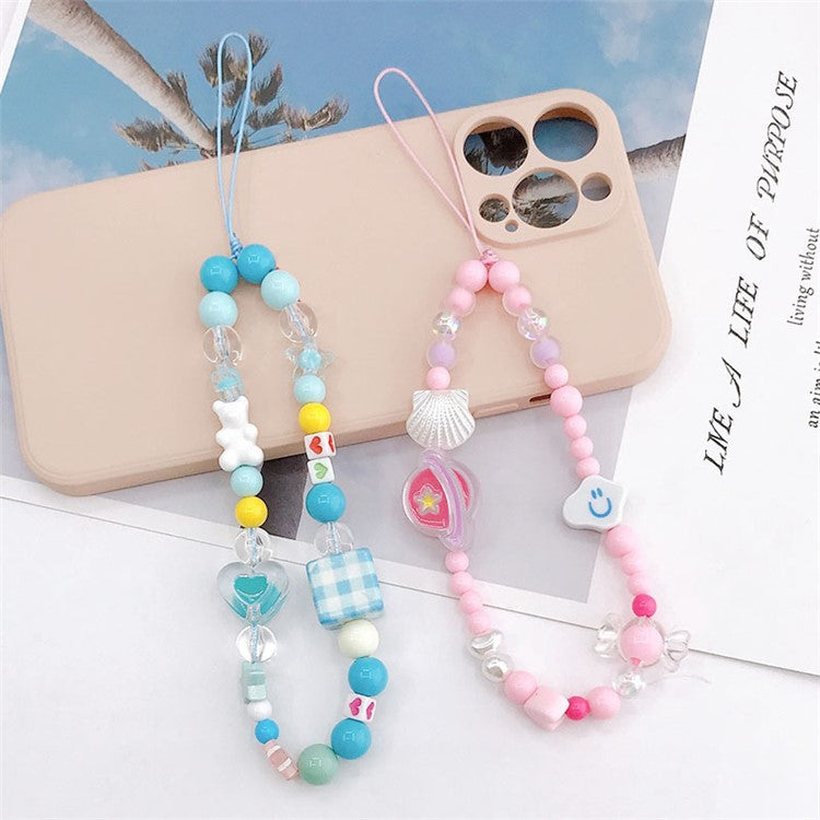 Cute Cartoon Design Beaded Phone Lanyard Bracelet Anti-drop Cellphone Case Pendant - Blue Plaid