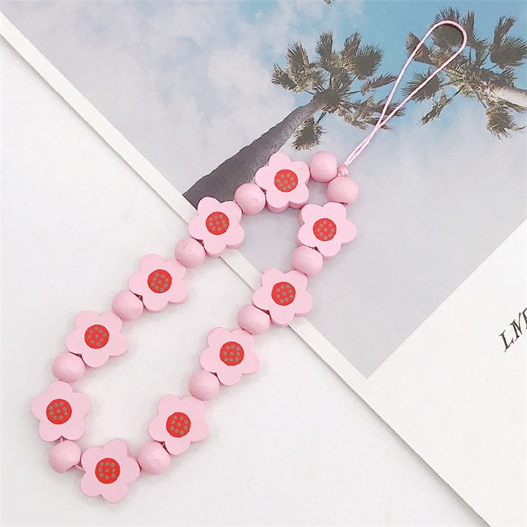 Flower Wood Beads Phone Chain Handwork Cellphone Case Pendant Wrist Strap - Pink