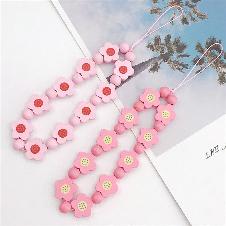 Flower Wood Beads Phone Chain Handwork Cellphone Case Pendant Wrist Strap - Pink