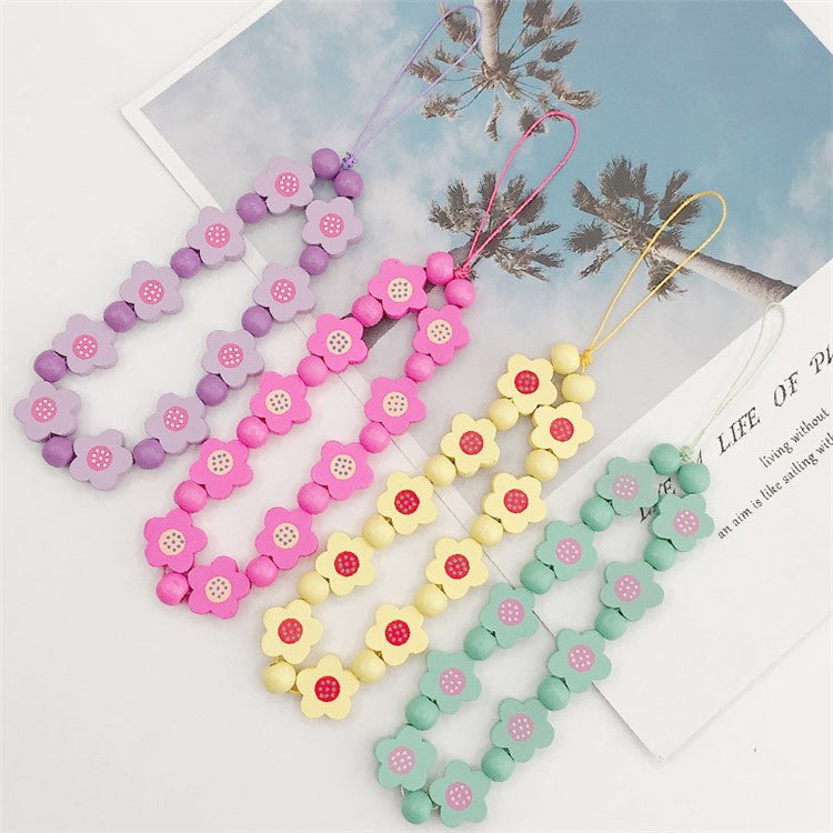 Flower Wood Beads Phone Chain Handwork Cellphone Case Pendant Wrist Strap - Pink