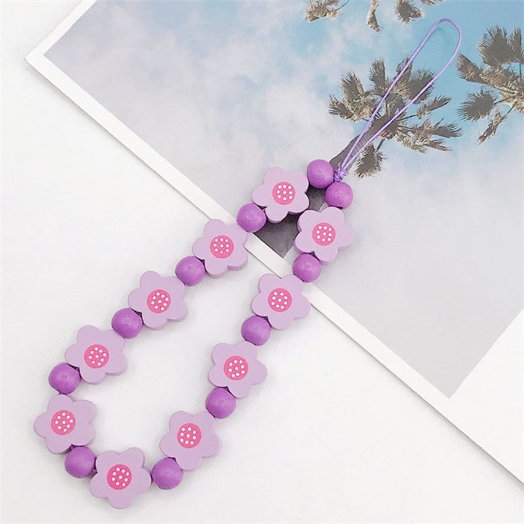 Flower Wood Beads Phone Chain Handwork Cellphone Case Pendant Wrist Strap - Purple