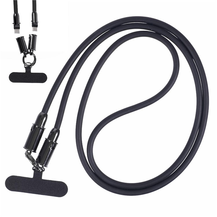 120cm 2 in 1 Silicone Phone Lanyard Crossbody Strap Type-C to Type-C 60W Phone Charging Cable - Black