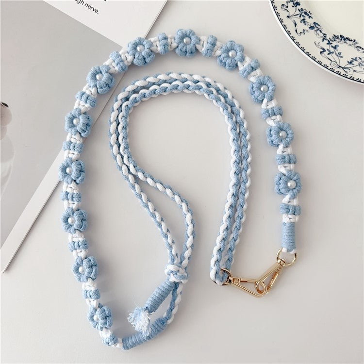 Adjustable Phone Lanyard Cotton Rope Braided Daisy Flower Crossbody Strap, Length: 120cm - Blue