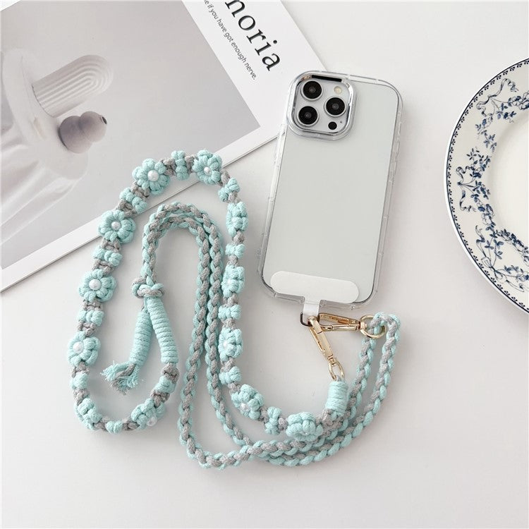 Adjustable Phone Lanyard Cotton Rope Braided Daisy Flower Crossbody Strap, Length: 120cm - Blue