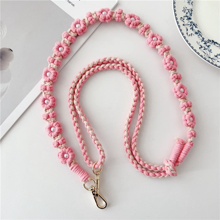 Adjustable Phone Lanyard Cotton Rope Braided Daisy Flower Crossbody Strap, Length: 120cm - Deep Pink