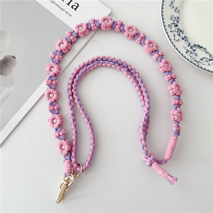 Adjustable Phone Lanyard Cotton Rope Braided Daisy Flower Crossbody Strap, Length: 120cm - Purple