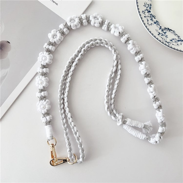 Adjustable Phone Lanyard Cotton Rope Braided Daisy Flower Crossbody Strap, Length: 120cm - White