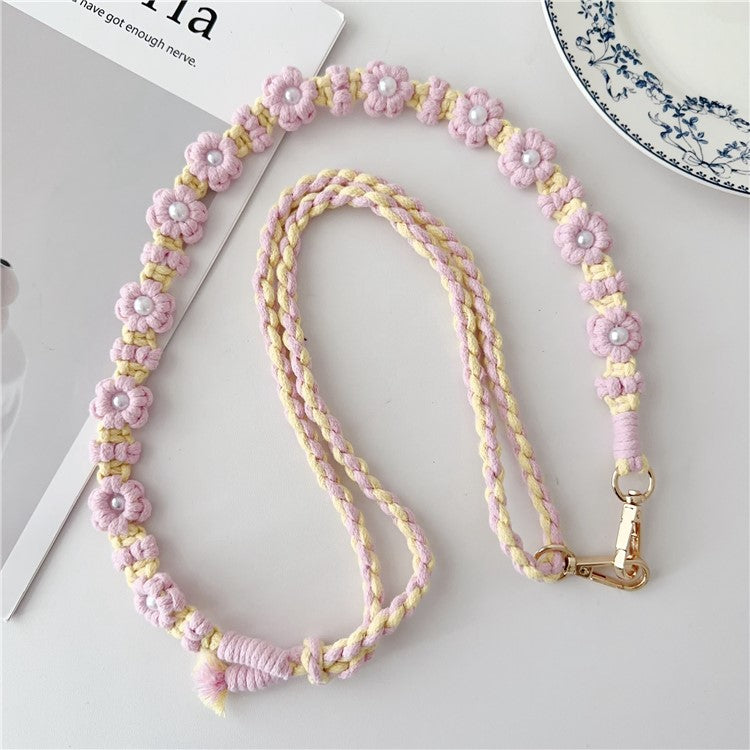 Adjustable Phone Lanyard Cotton Rope Braided Daisy Flower Crossbody Strap, Length: 120cm - Pink