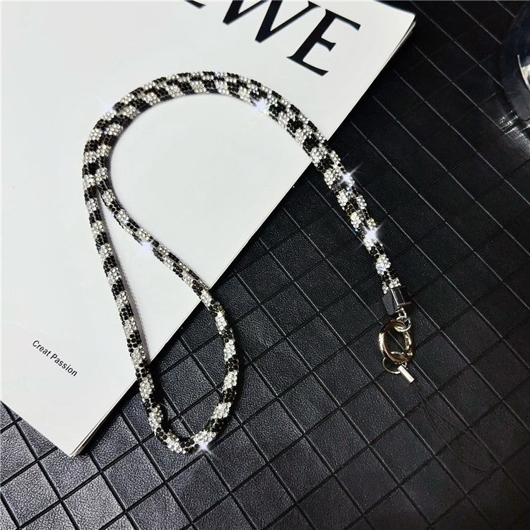 Stylish Rhinestone Phone Lanyard Cotton Rope Universal Neck Strap, Length: 80cm - Black+White