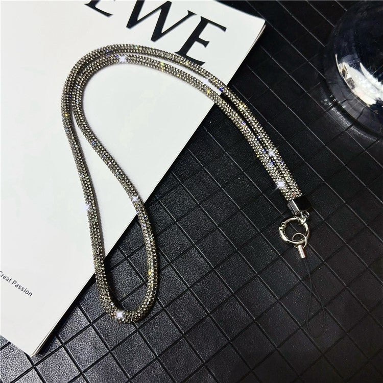 Stylish Rhinestone Phone Lanyard Cotton Rope Universal Neck Strap, Length: 80cm - Silver