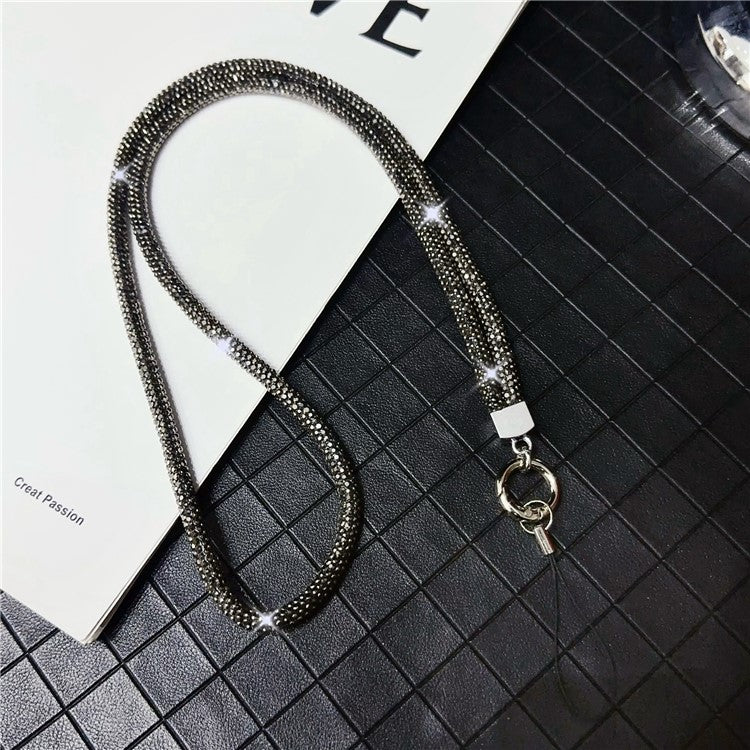 Stylish Rhinestone Phone Lanyard Cotton Rope Universal Neck Strap, Length: 80cm - Light Black