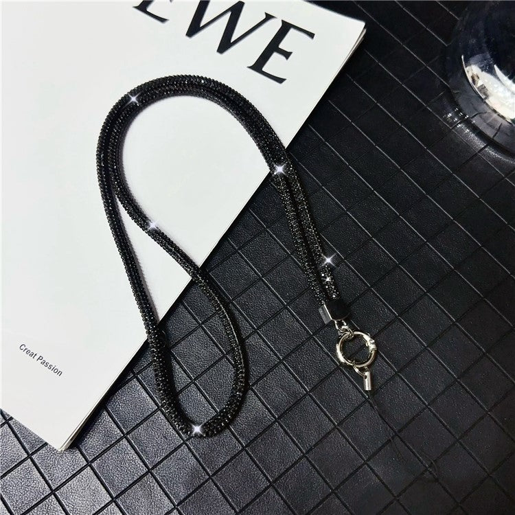 Stylish Rhinestone Phone Lanyard Cotton Rope Universal Neck Strap, Length: 80cm - Solid Black