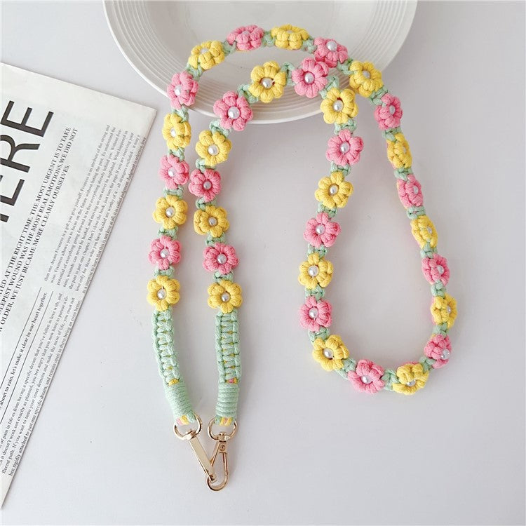 Phone Lanyard Cotton Rope Braided Daisy Flower Crossbody Strap, Length: 120cm - Red+Yellow