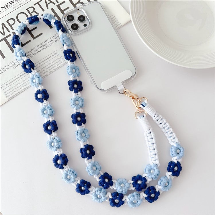 Phone Lanyard Cotton Rope Braided Daisy Flower Crossbody Strap, Length: 120cm - Blue+Blue