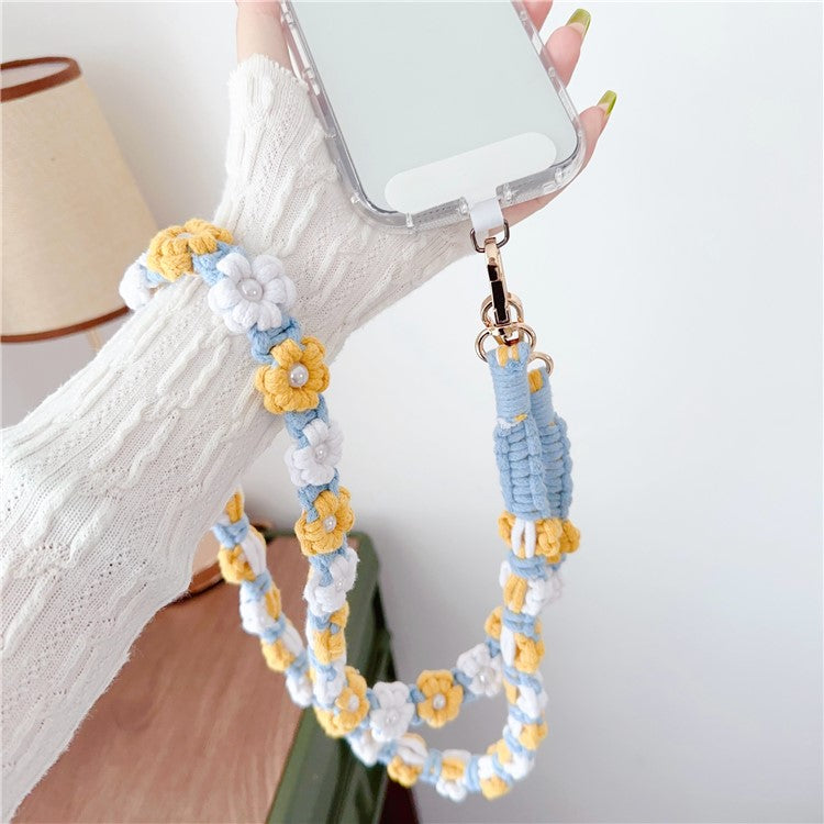 Phone Lanyard Cotton Rope Braided Daisy Flower Crossbody Strap, Length: 120cm - Blue+Blue