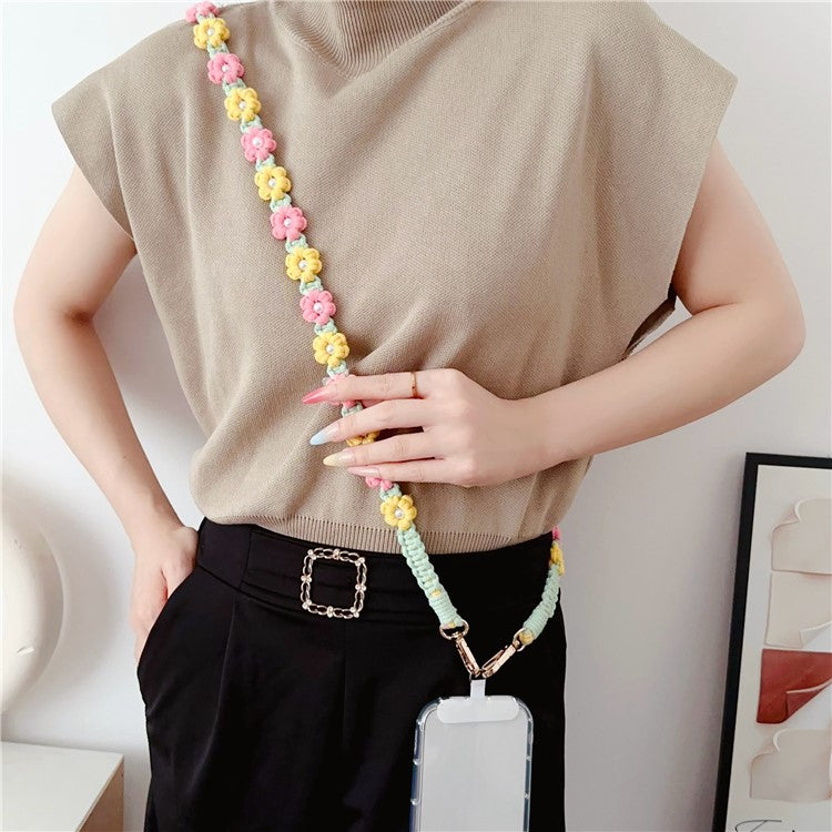 Phone Lanyard Cotton Rope Braided Daisy Flower Crossbody Strap, Length: 120cm - Yellow+White